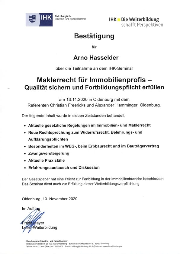 Weiterbildung Maklerrecht